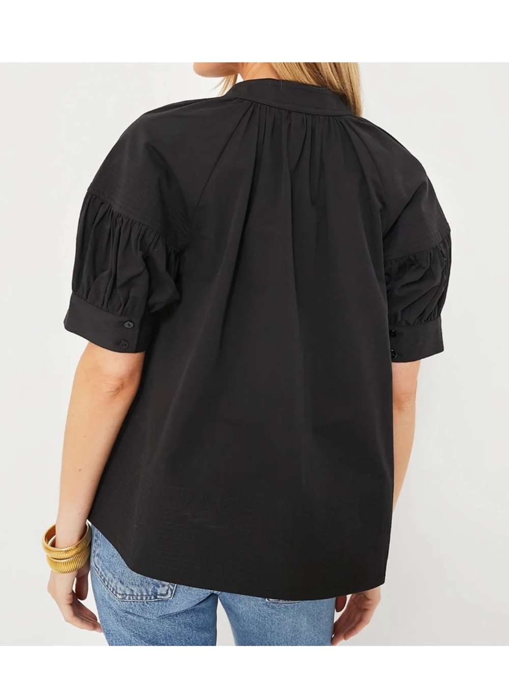 Tuckernuck Black Ruthie Blouse V-Neck Ruched Sleeves Cotton Boxy Top XXL - Picture 3 of 7